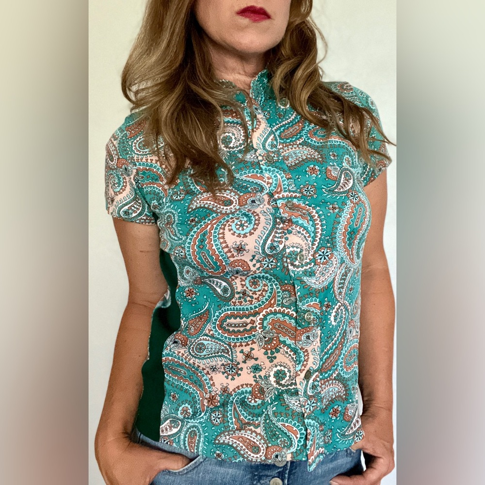 Vintage 1970s Kmart Green Paisley Nylon Short Sleeve Button Shirt Top Sz S